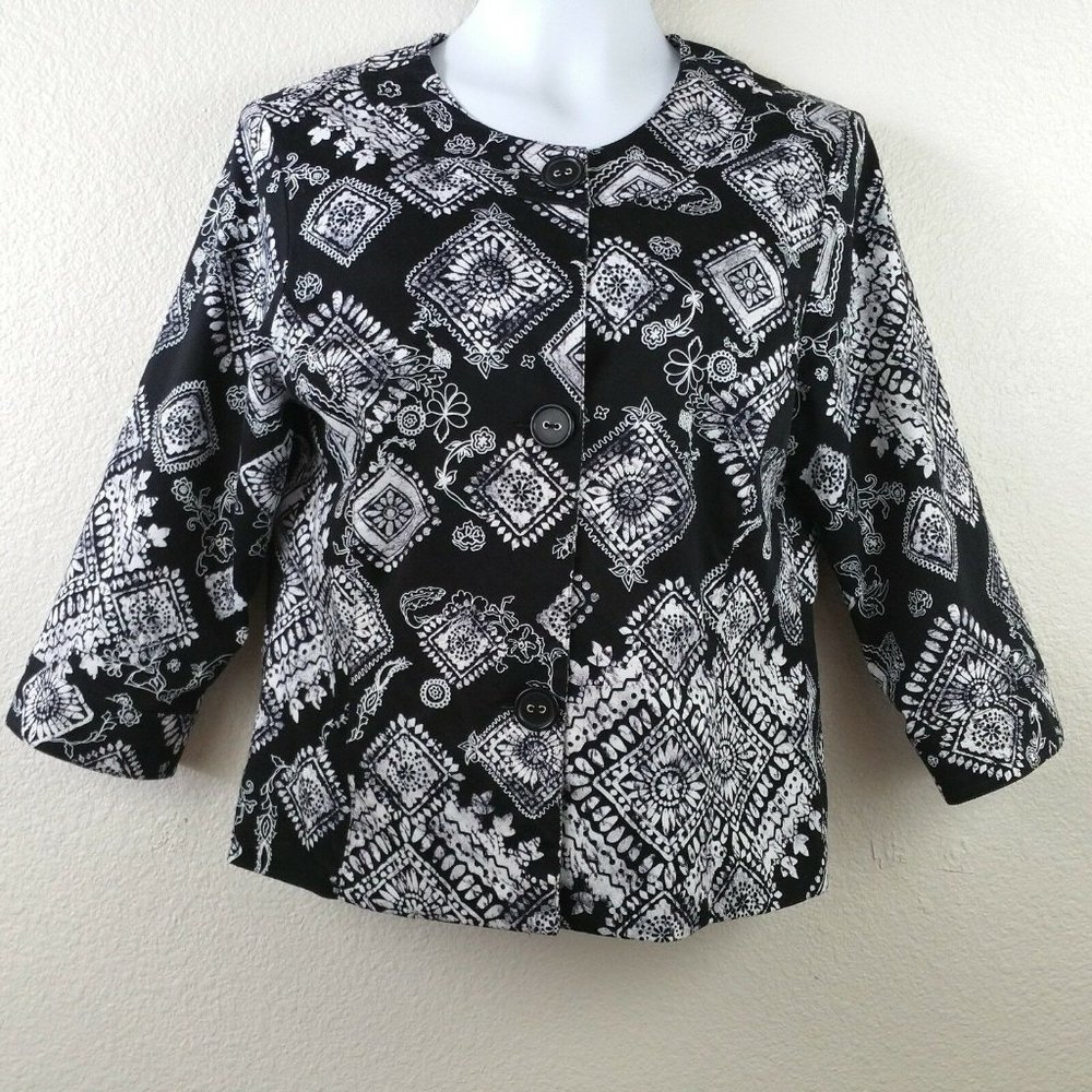 Coldwater Creek Womens Jacket Blazer 10 Black White 3 Button 3/4 Sleeve I18